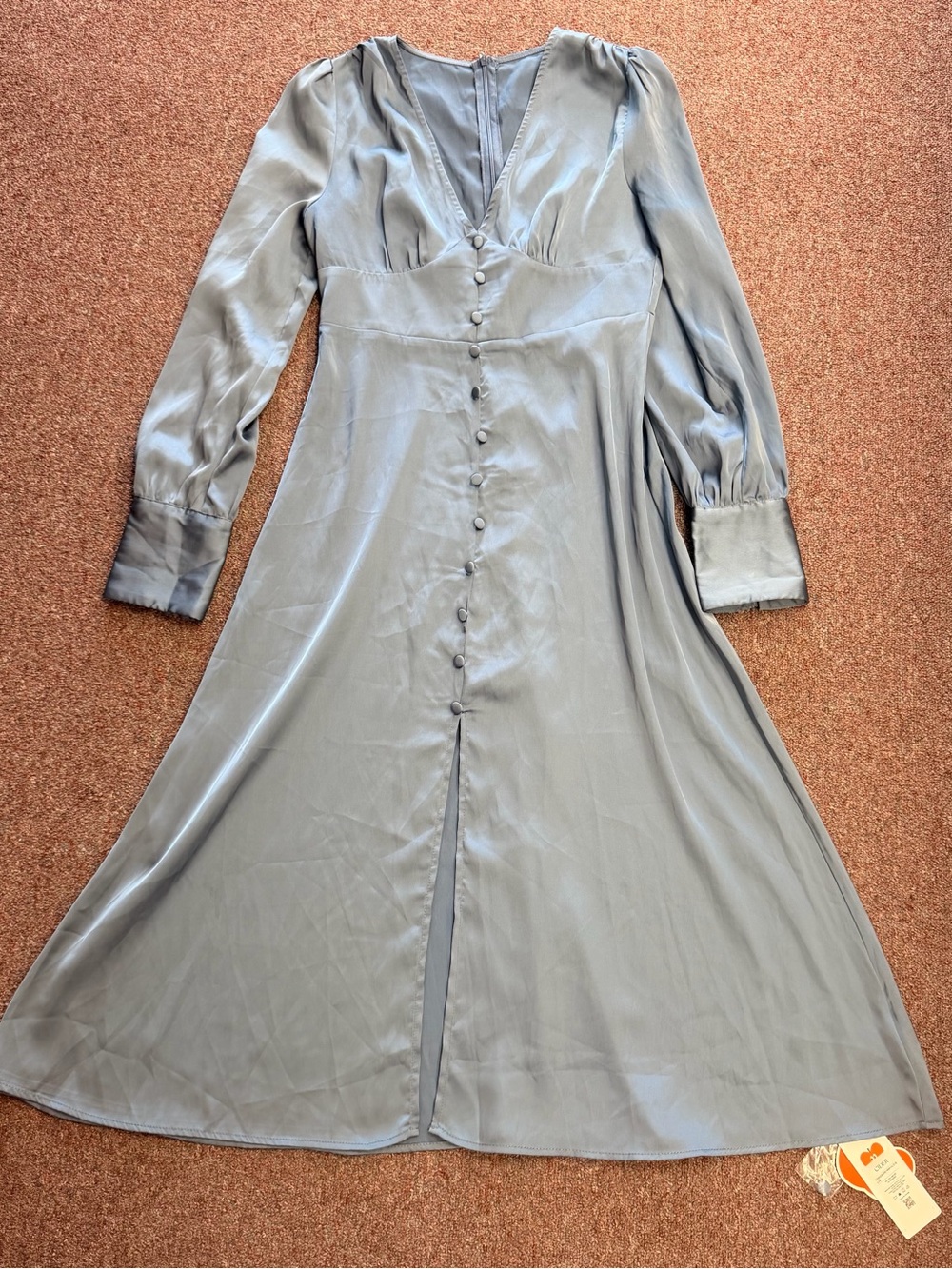 Cider Dusty Blue Satin Long-Sleeve Midi Dress - Picture 1 of 5